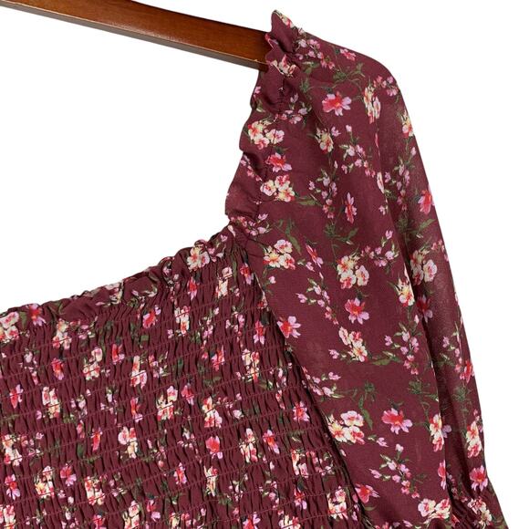Wild Fable Blouse Cropped Smocked Long Puffy Sleeves Red Floral Boho Women's S - Picture 4 of 9